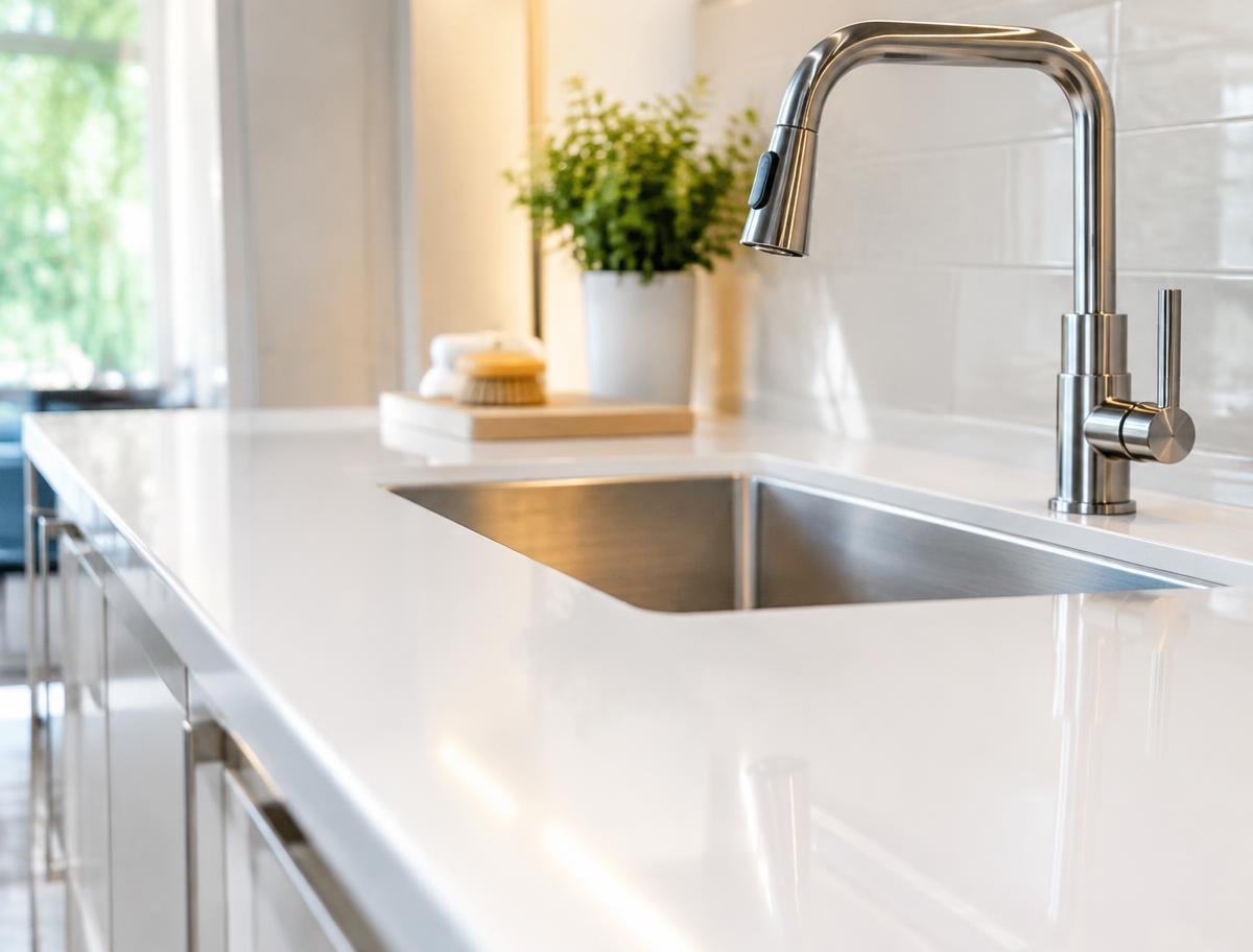 Spotless white kitchen countertop and polished faucet