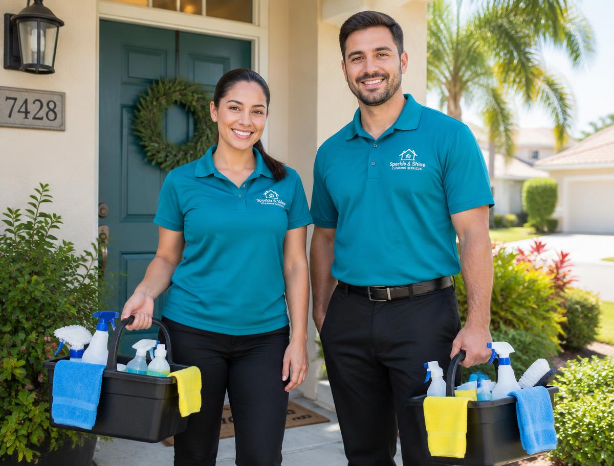 Two uniformed cleaners with supply caddies at the front door of a Florida home